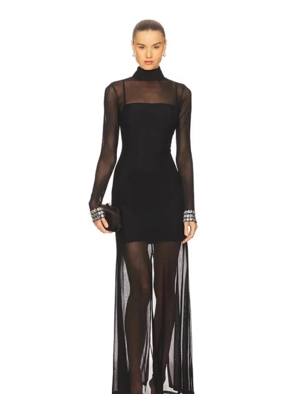 Mariandree Gaitan Emilia Maxi Embellished Cuffs Dress in Black Medium